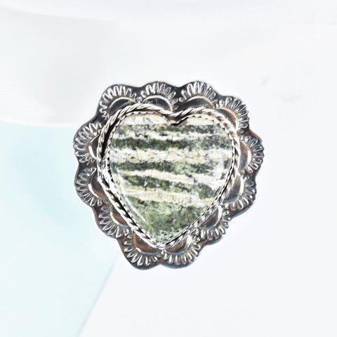 Green Zebra Jasper Heart Ring: Adjustable Sterling Silver Statement Ring