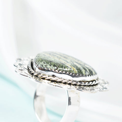 Green Zebra Jasper & Sterling Silver Adjustable Heart Ring