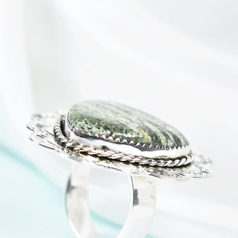 Green Zebra Jasper Heart Ring: Adjustable Sterling Silver Statement Ring