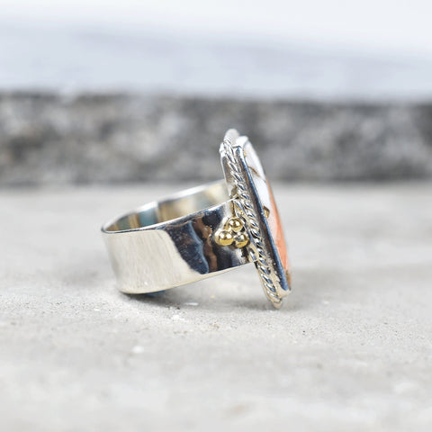 Handmade Spiny Oyster Turquoise & Sterling Silver Adjustable Ring, Statement Ring for Women (Size 8)