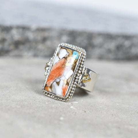 Handmade Spiny Oyster Turquoise & Sterling Silver Statement Ring (Size 8)