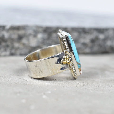 Handmade Spiny Oyster Turquoise & Sterling Silver Adjustable Ring, Statement Ring for Women (Size 7)