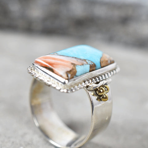 Handmade Spiny Oyster Turquoise & Sterling Silver Adjustable Ring, Statement Ring for Women (Size 7)