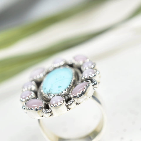 Handmade Pink Opal & Turquoise Sterling Silver Adjustable Ring