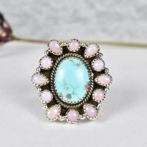 Handmade Pink Opal & Turquoise Sterling Silver Adjustable Ring