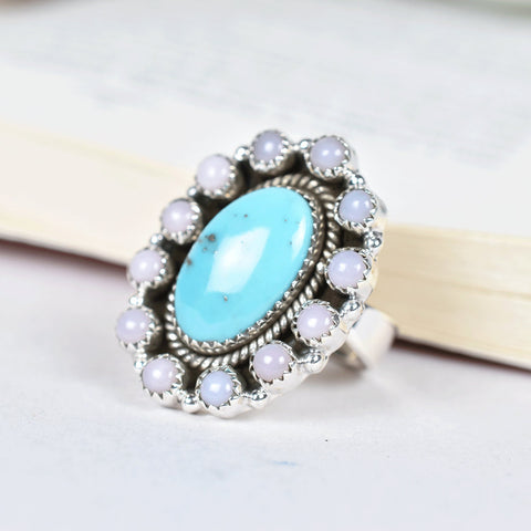 Handmade Pink Opal & Turquoise Sterling Silver Adjustable Ring
