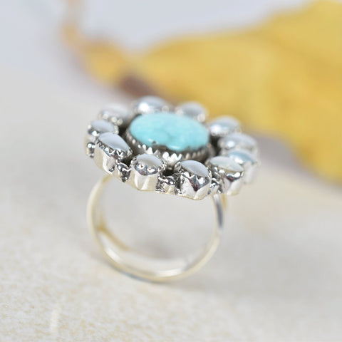 Handmade Turquoise & Sterling Silver Adjustable Ring, Pearl Statement Ring for Women