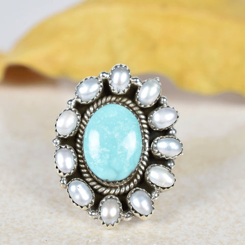 Handmade Turquoise & Sterling Silver Adjustable Ring, Pearl Statement Ring for Women