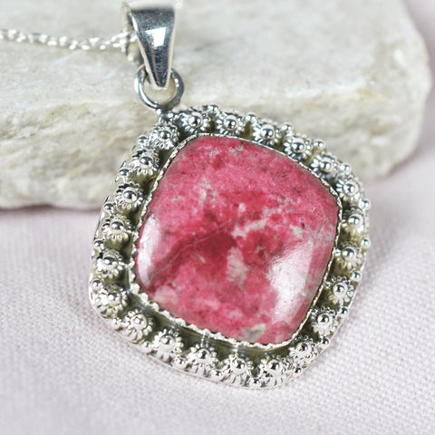 Handmade Red Thulite & Sterling Silver Pendant Necklace with 18 Inch Adjustable Chain