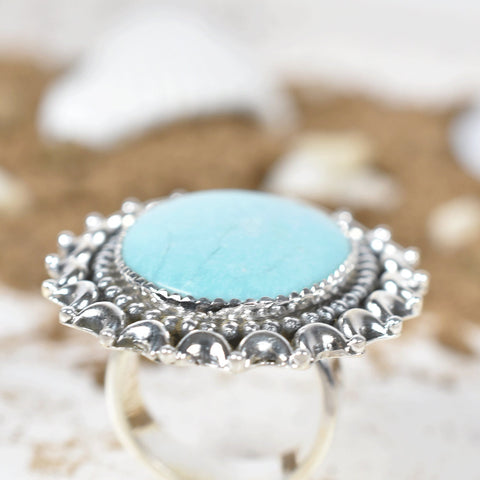 Handmade Turquoise & 925 Sterling Silver Adjustable Ring, Statement Ring for Women