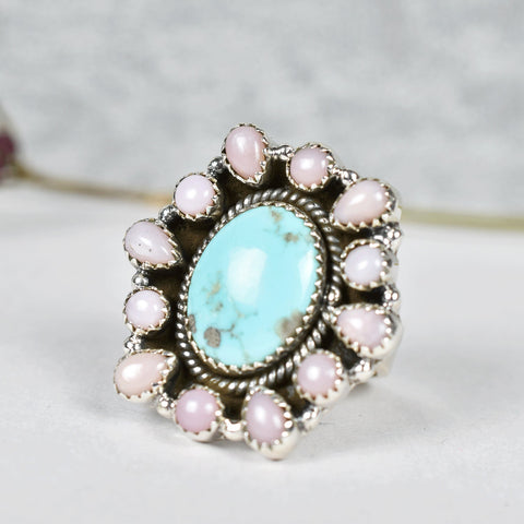 Handmade Pink Opal & Turquoise Sterling Silver Adjustable Ring