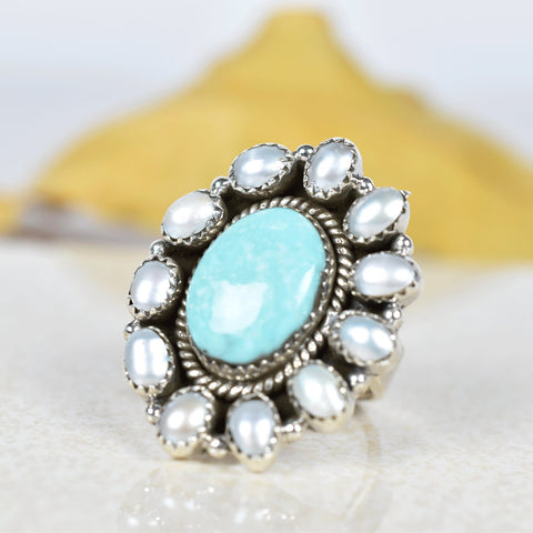 Handmade Turquoise & Sterling Silver Adjustable Ring, Pearl Statement Ring for Women
