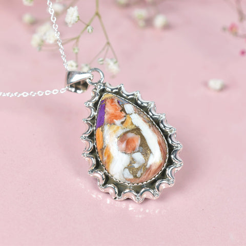 Handmade Spiny Oyster Turquoise & Sterling Silver Pendant Necklace with 18 Inch Adjustable Chain