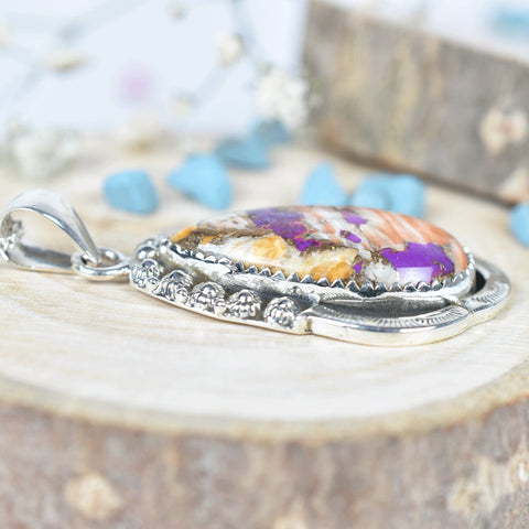 Handmade Spiny Oyster Turquoise & Sterling Silver Pendant Necklace with 18 Inch Adjustable Chain