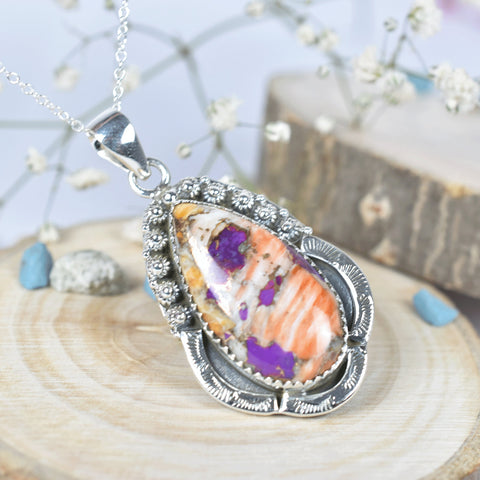 Handmade Spiny Oyster Turquoise & Sterling Silver Pendant Necklace with 18 Inch Adjustable Chain