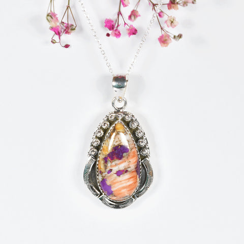 Handmade Spiny Oyster Turquoise & Sterling Silver Pendant Necklace with 18 Inch Adjustable Chain