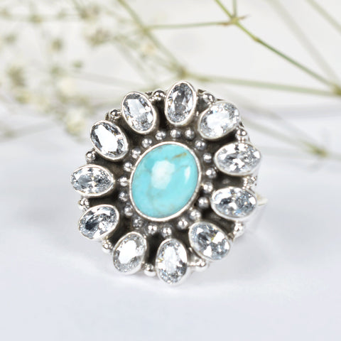 Handmade Cubic Zirconia, Turquoise & Sterling Silver Adjustable Ring