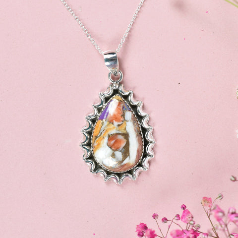 Handmade Spiny Oyster Turquoise & Sterling Silver Pendant Necklace with 18 Inch Adjustable Chain