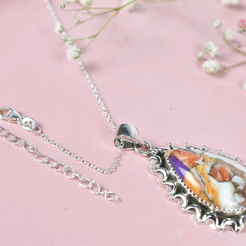 Handmade Spiny Oyster Turquoise & Sterling Silver Pendant Necklace with 18 Inch Adjustable Chain