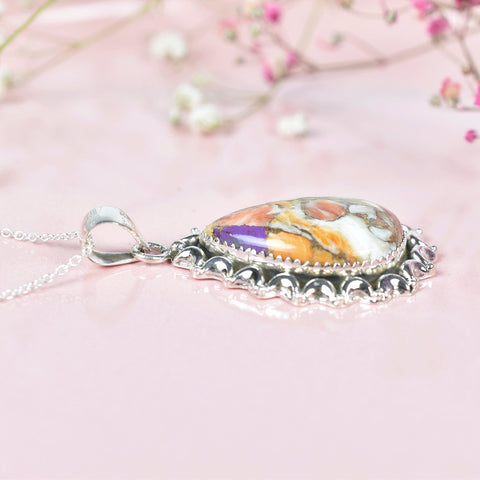 Handmade Spiny Oyster Turquoise & Sterling Silver Pendant Necklace with 18 Inch Adjustable Chain