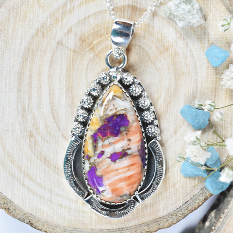 Handmade Spiny Oyster Turquoise & Sterling Silver Pendant Necklace with 18 Inch Adjustable Chain