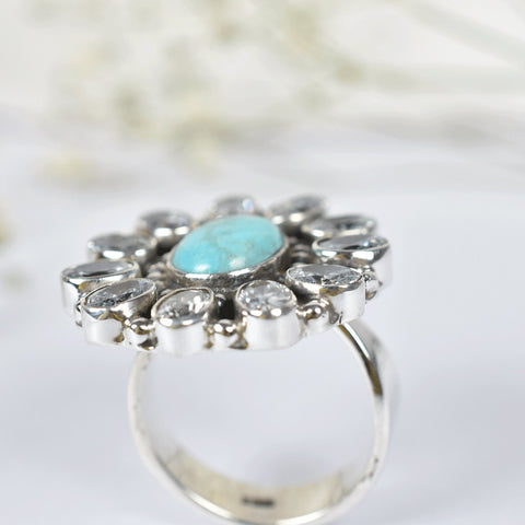 Handmade Cubic Zirconia, Turquoise & Sterling Silver Adjustable Ring