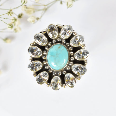 Handmade Cubic Zirconia, Turquoise & Sterling Silver Adjustable Ring
