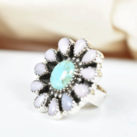 Handmade Pink Opal & Turquoise Sterling Silver Adjustable Ring