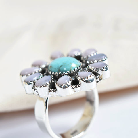 Handmade Pink Opal & Turquoise Sterling Silver Adjustable Ring