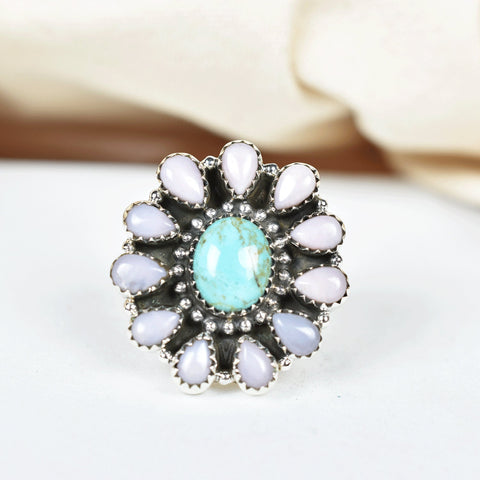 Handmade Pink Opal & Turquoise Sterling Silver Adjustable Ring