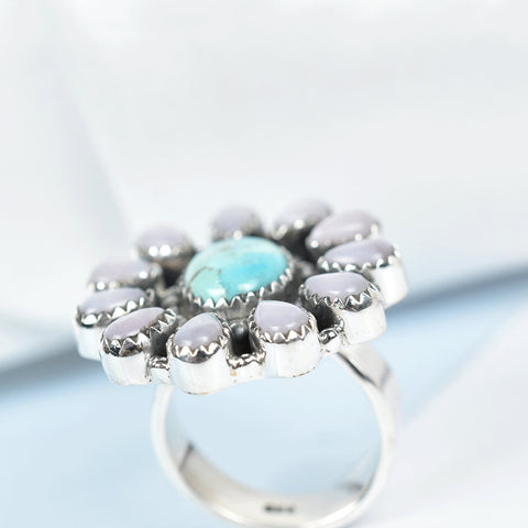 Handmade Pink Opal & Turquoise Sterling Silver Adjustable Ring