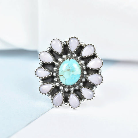 Handmade Pink Opal & Turquoise Sterling Silver Adjustable Ring