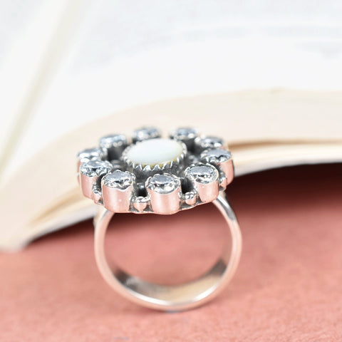 Handmade White Shell & Sterling Silver Adjustable Ring, Cubic Zirconia Statement Ring for Women