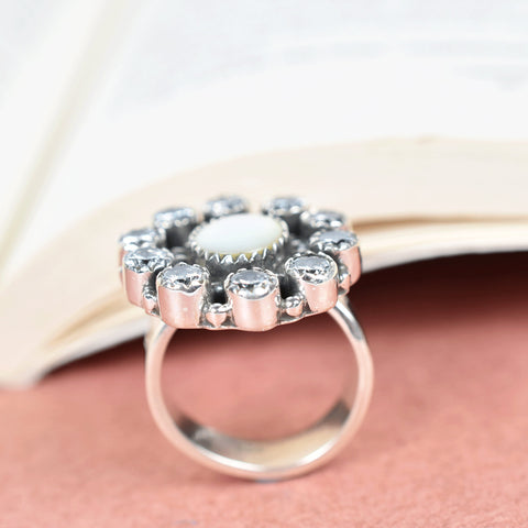 Handmade White Shell & Sterling Silver Adjustable Ring, Cubic Zirconia Statement Ring for Women