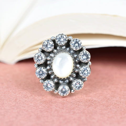 Handmade White Shell & Sterling Silver Adjustable Ring, Cubic Zirconia Statement Ring for Women
