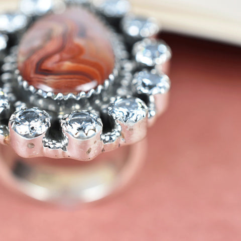 Handmade Crazy Lace Agate & Sterling Silver Adjustable Ring, CZ Statement Ring for Women