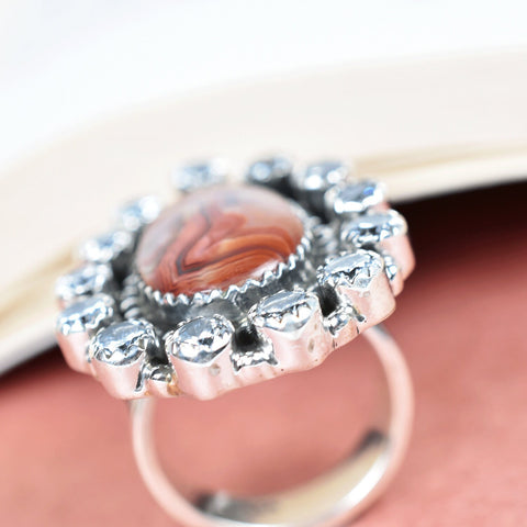 Handmade Crazy Lace Agate & Sterling Silver Adjustable Ring, CZ Statement Ring for Women