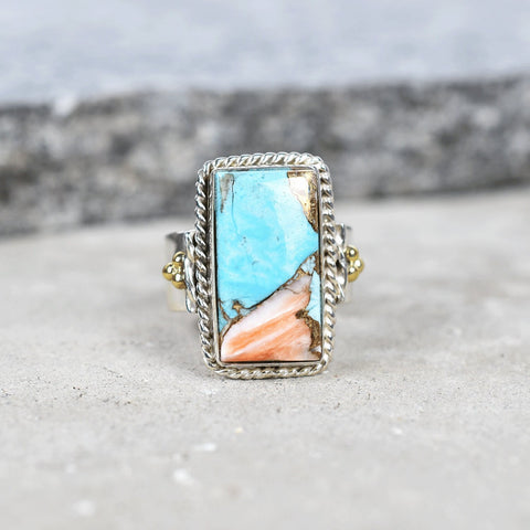 Handmade Spiny Oyster Turquoise & Sterling Silver Statement Ring (Size 7)