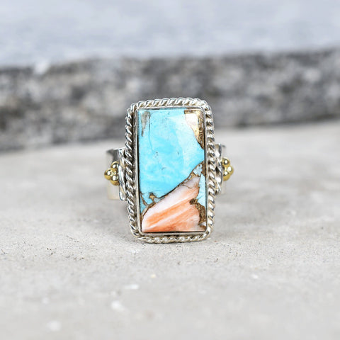 Handmade Spiny Oyster Turquoise & Sterling Silver Adjustable Ring, Statement Ring for Women (Size 7)