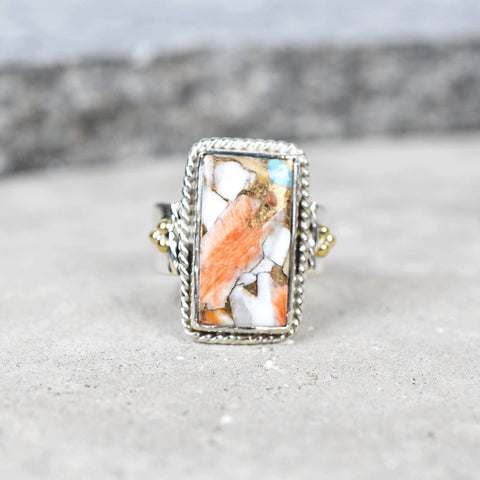 Handmade Spiny Oyster Turquoise & Sterling Silver Adjustable Ring, Statement Ring for Women (Size 8)