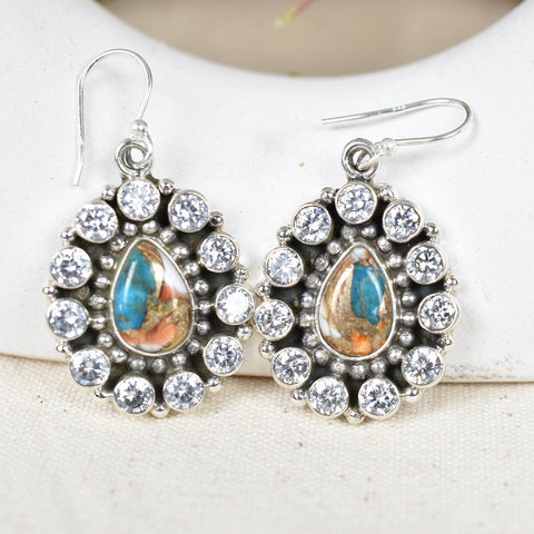 Handmade Spiny Oyster Turquoise Sterling Silver Dangle Earrings