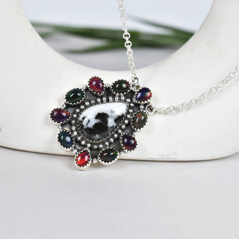 Handmade Aurora Opal, Zebra Jasper & Sterling Silver Necklace with 18 Inch Adjustable Chain