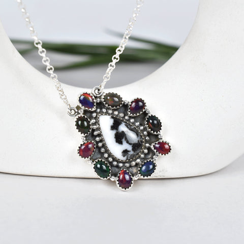 Handmade Aurora Opal, Zebra Jasper & Sterling Silver Necklace with 18 Inch Adjustable Chain