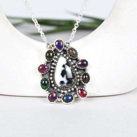 Handmade Aurora Opal, Zebra Jasper & Sterling Silver Necklace with 18 Inch Adjustable Chain