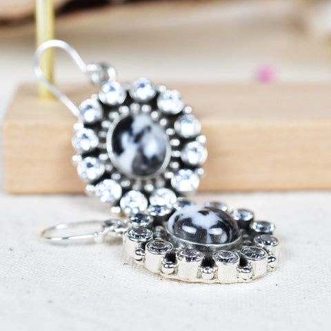 Handmade Zebra Jasper Sterling Silver Earrings with CZ Accents