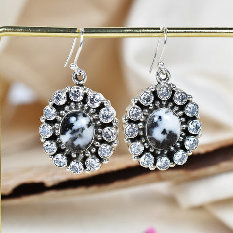 Handmade Zebra Jasper Sterling Silver Earrings with CZ Accents