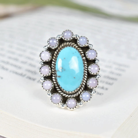 Handmade Pink Opal & Turquoise Sterling Silver Adjustable Ring
