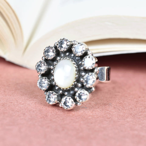 Handmade White Shell & Sterling Silver Adjustable Ring, Cubic Zirconia Statement Ring for Women