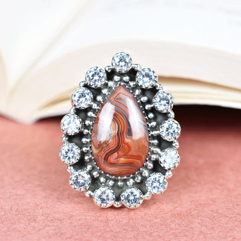 Handmade Crazy Lace Agate & Sterling Silver Adjustable Ring, CZ Statement Ring for Women