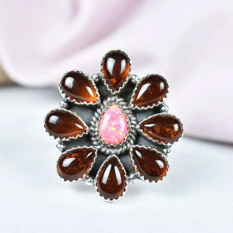 Handmade Amber & Sterling Silver Adjustable Ring, Pink Aurora Opal Cluster Ring for Women